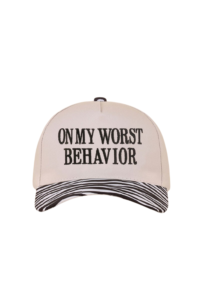 "On my worst behavior" Cap-Zebra-Cute-Trendy-Shop-Womens-Boutique-Clothing-Store
