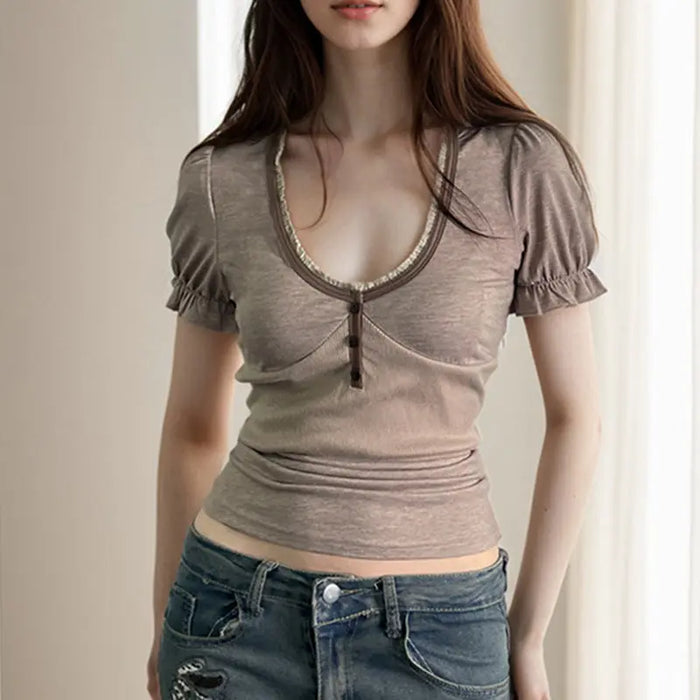 Puff Sleeve V-neck Ruffle Top fashionnsio