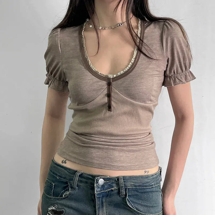 Puff Sleeve V-neck Ruffle Top fashionnsio