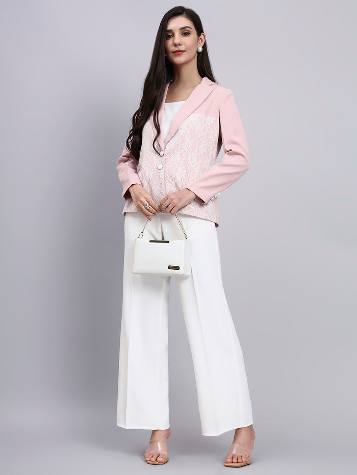 Women Baby Pink Lace Panel Detail Formal Blazer