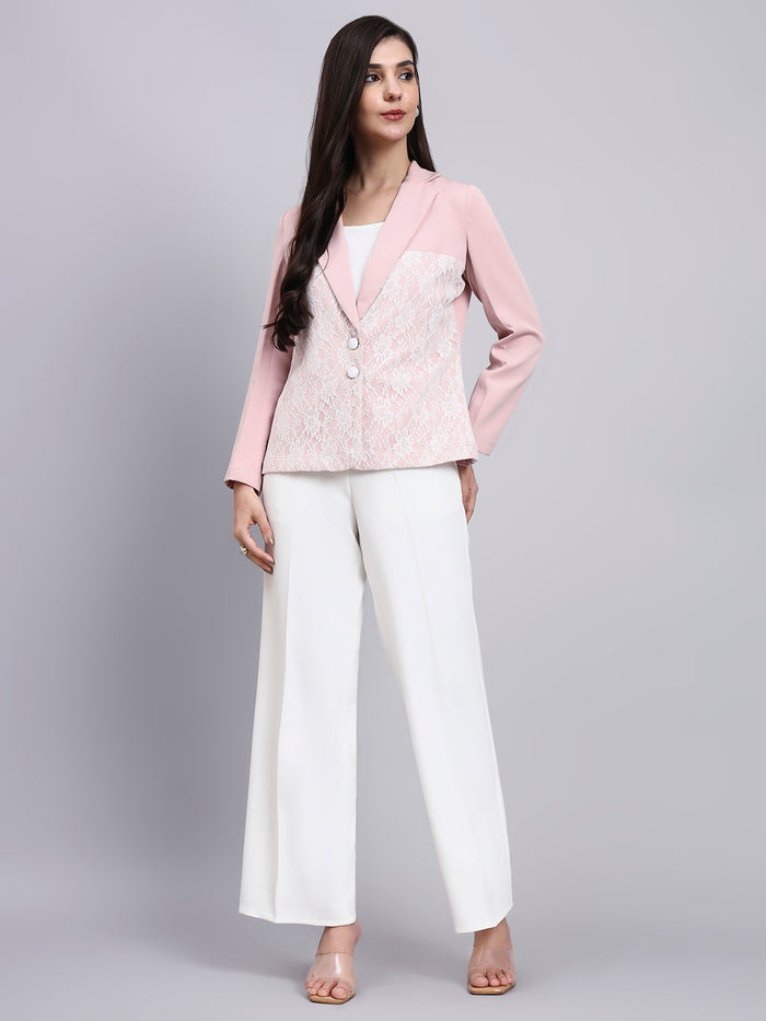 Women Baby Pink Lace Panel Detail Formal Blazer