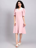 Women Baby Pink White Collared Accent Dress