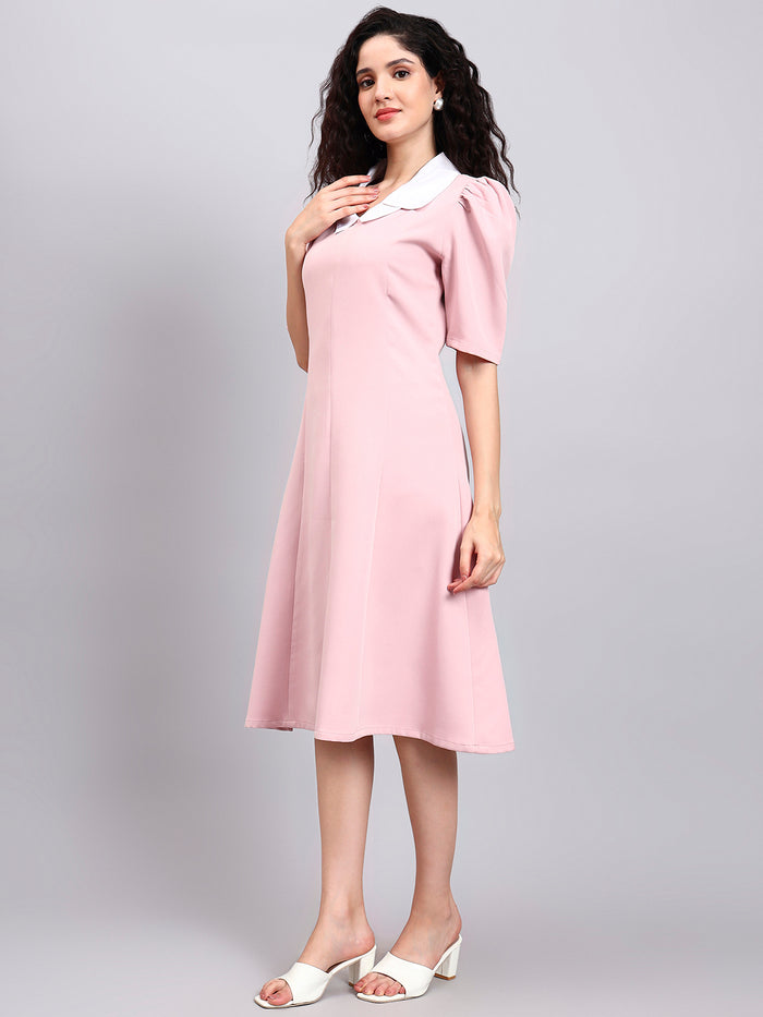 Women Baby Pink White Collared Accent Dress