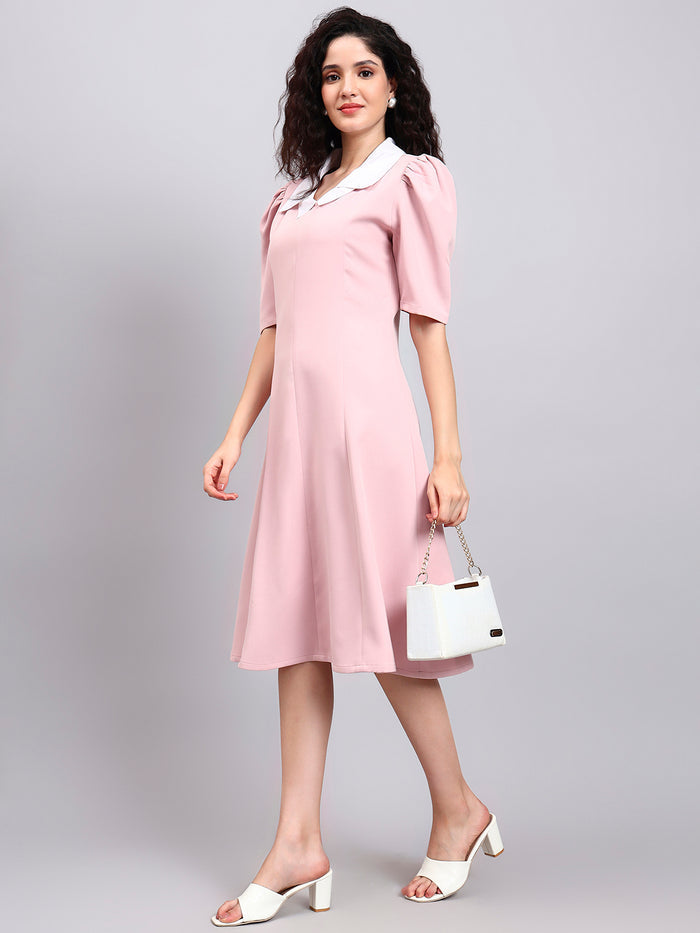 Women Baby Pink White Collared Accent Dress
