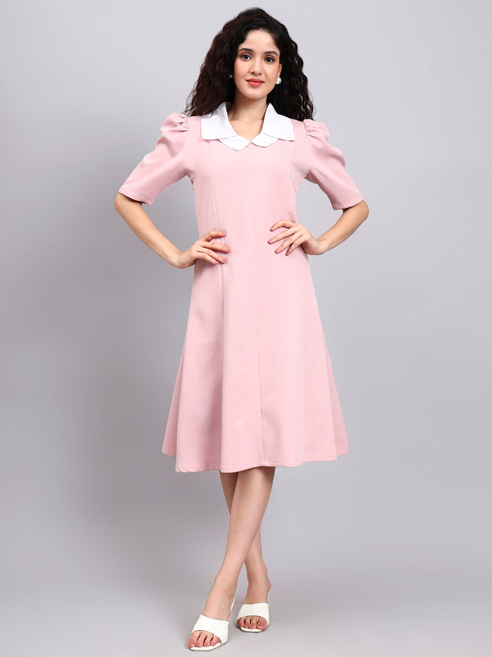 Women Baby Pink White Collared Accent Dress