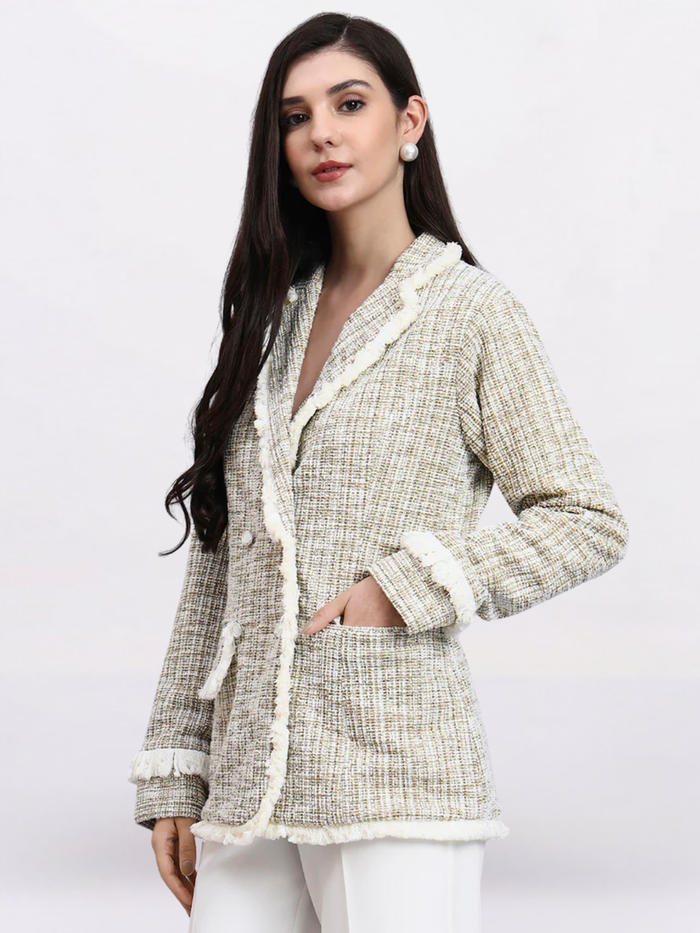 Women beige warm tweed stretch Blazer