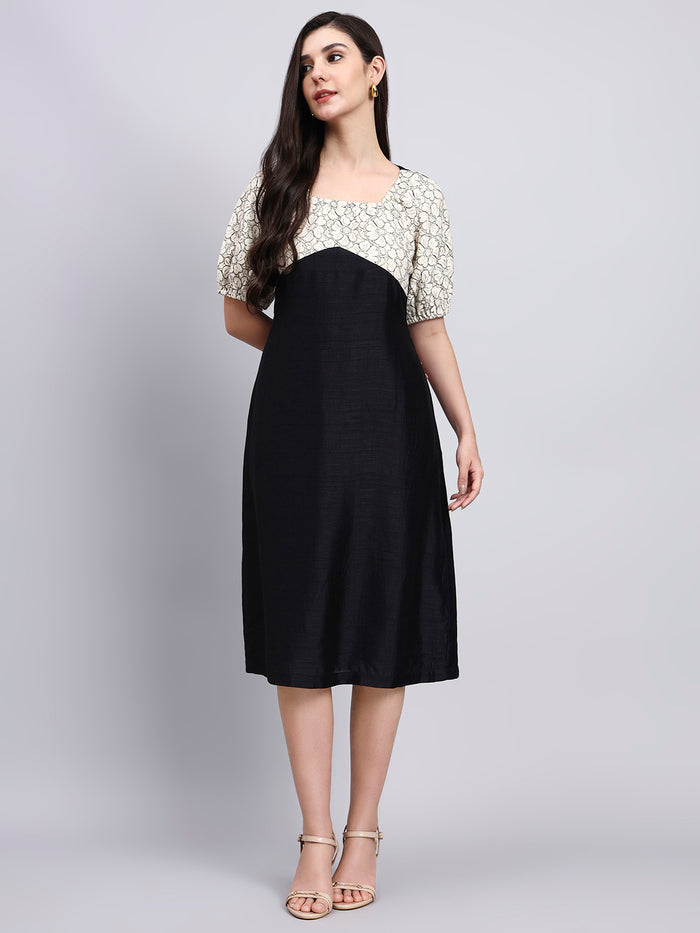 Women Black & Beige Floral Bodice Black Dress
