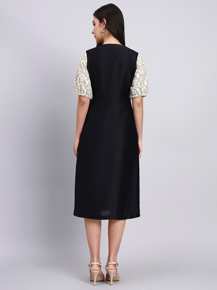 Women Black & Beige Floral Bodice Black Dress