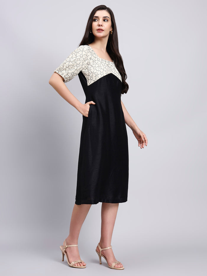 Women Black & Beige Floral Bodice Black Dress