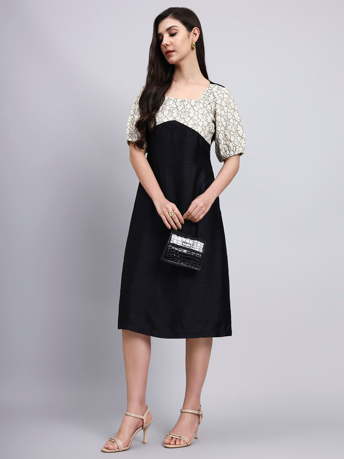 Women Black & Beige Floral Bodice Black Dress