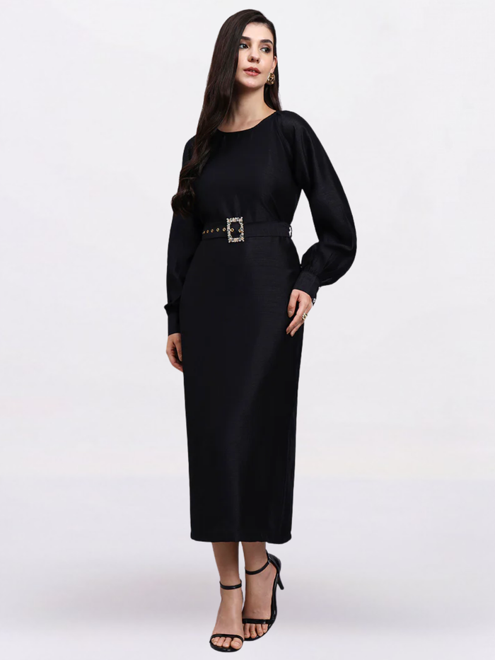 Women Black Belted Midi Dress