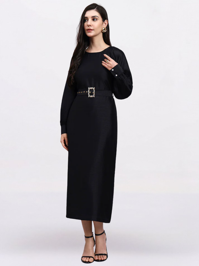 Women Black Belted Midi Dress