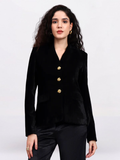 Women Black Golden Buttoned Velvet Blazer