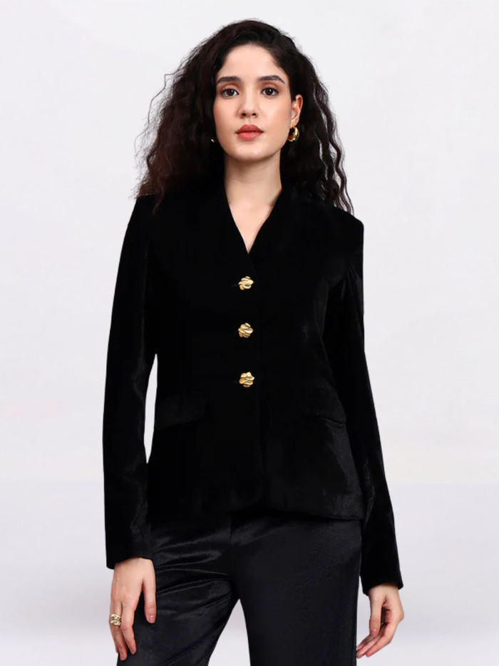 Women Black Golden Buttoned Velvet Blazer