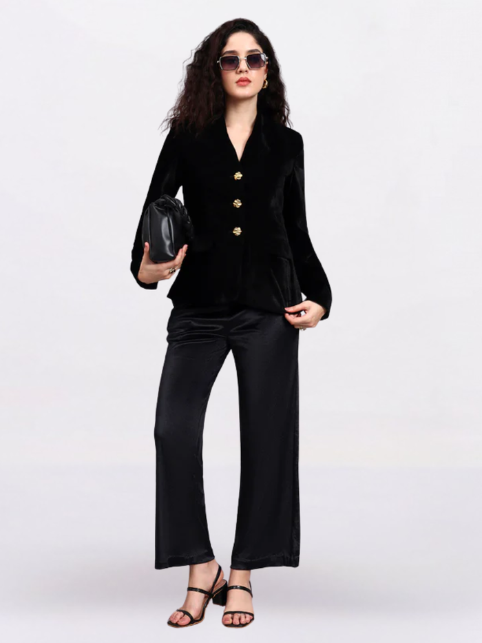Women Black Golden Buttoned Velvet Blazer