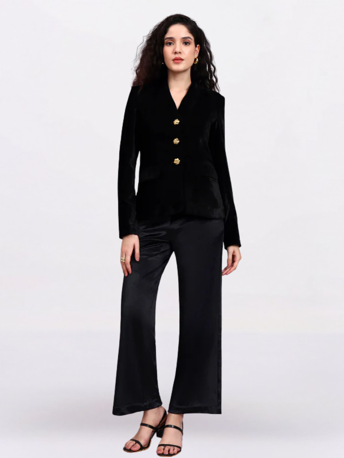 Women Black Golden Buttoned Velvet Blazer