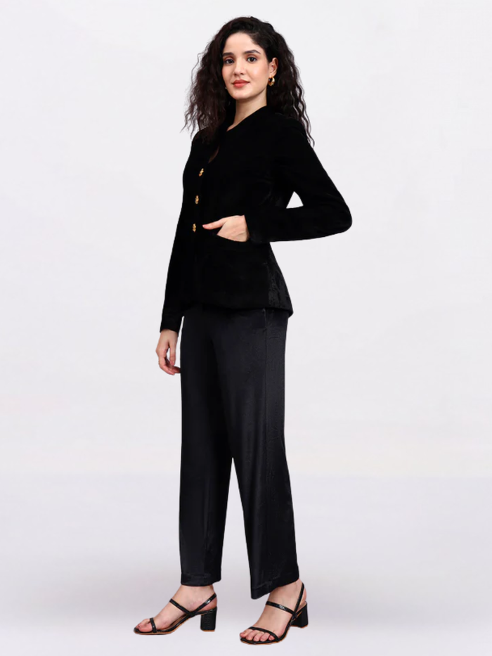 Women Black Golden Buttoned Velvet Blazer