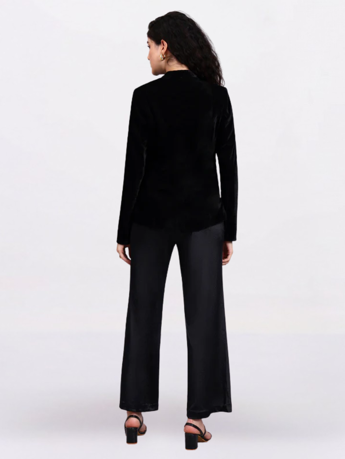 Women Black Golden Buttoned Velvet Blazer