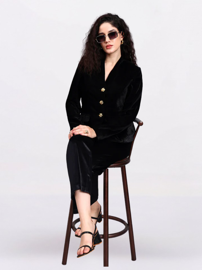Women Black Golden Buttoned Velvet Blazer