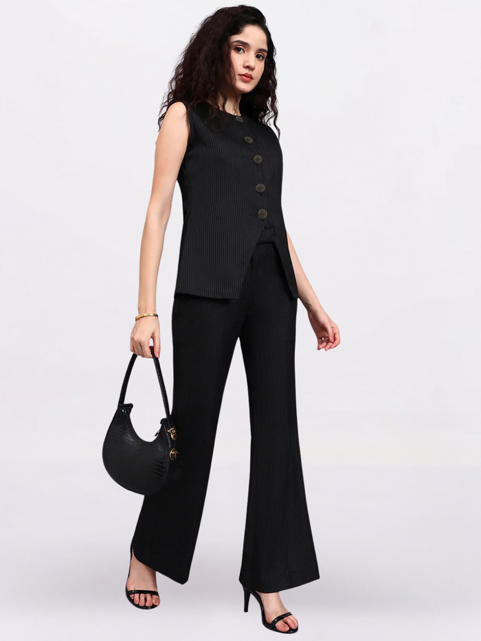 Women Black Sleek fit Pinstriped Co-Ord Set