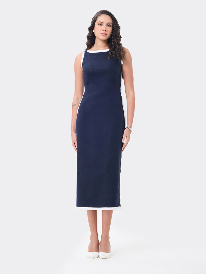 Women Blue Maxi Cotton-Linen Straight Dress