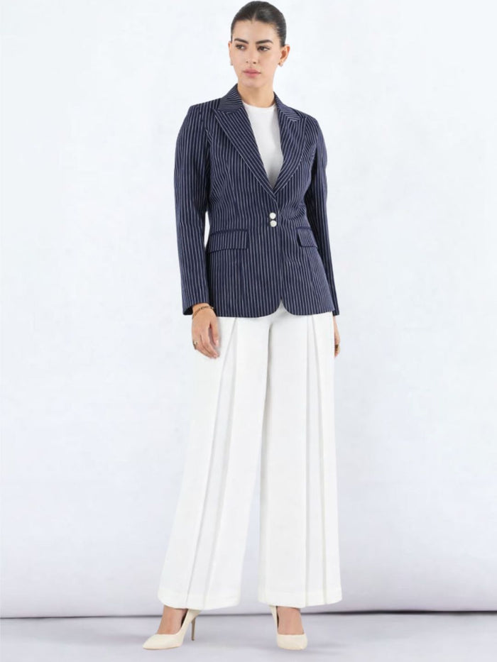 Women Blue Pin Striped Notch Lapel Blazer