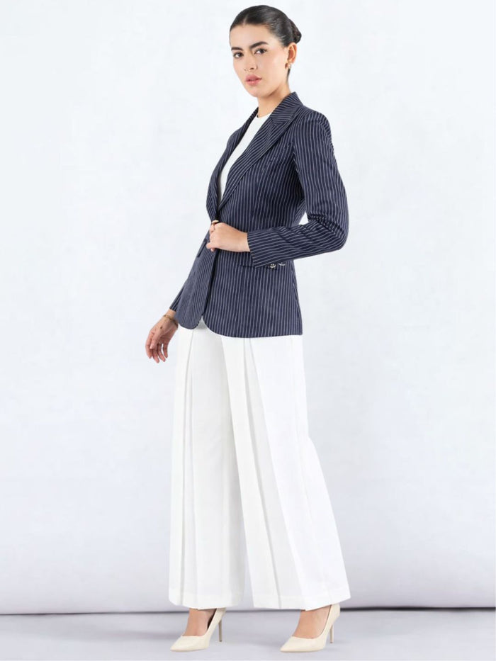 Women Blue Pin Striped Notch Lapel Blazer