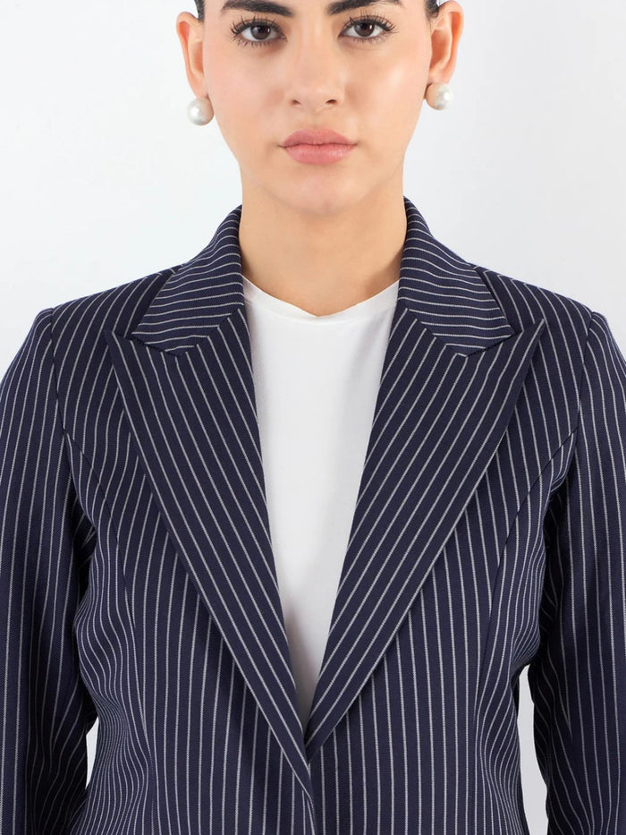 Women Blue Pin Striped Notch Lapel Blazer
