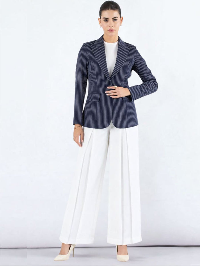 Women Blue Pin Striped Notch Lapel Blazer