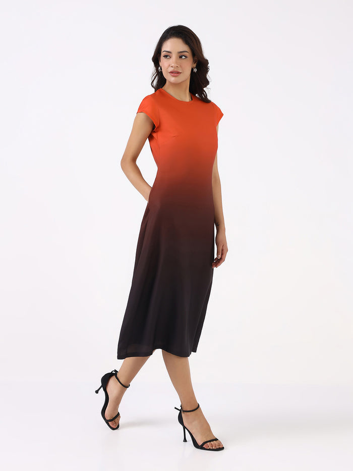 Women Dual Tone Ombre Cap Sleeve A-line Dress