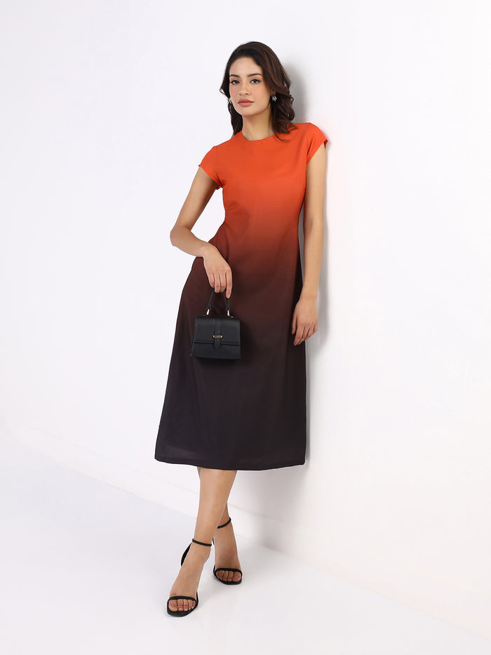 Women Dual Tone Ombre Cap Sleeve A-line Dress