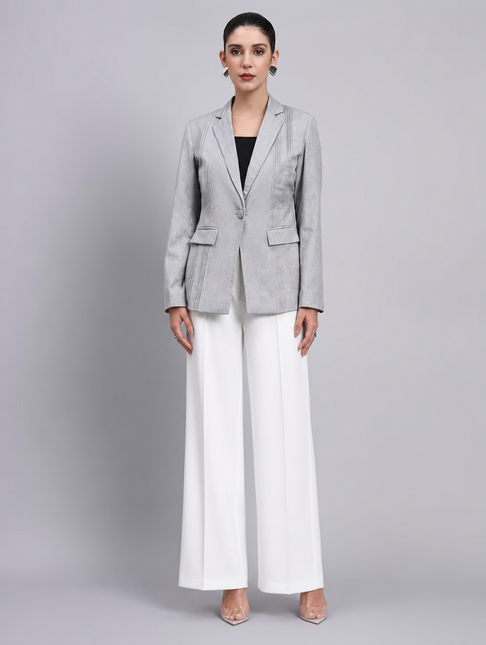 Women Grey Single Breasted Formal Blazer