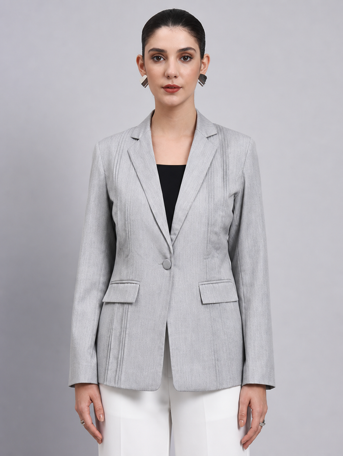 Women Grey Single Breasted Formal Blazer