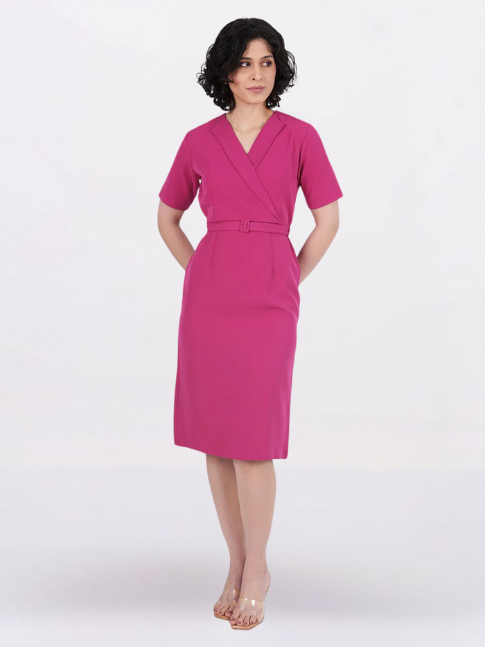 Women Hot Pink Stretch Midi Dress
