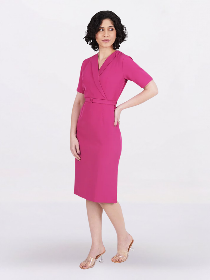 Women Hot Pink Stretch Midi Dress