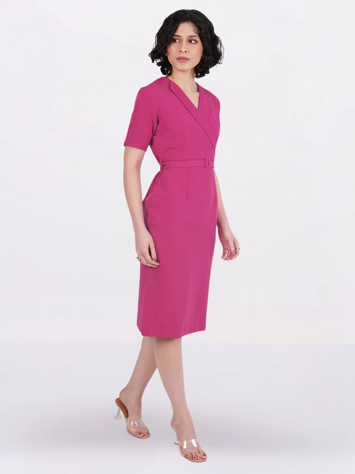 Women Hot Pink Stretch Midi Dress