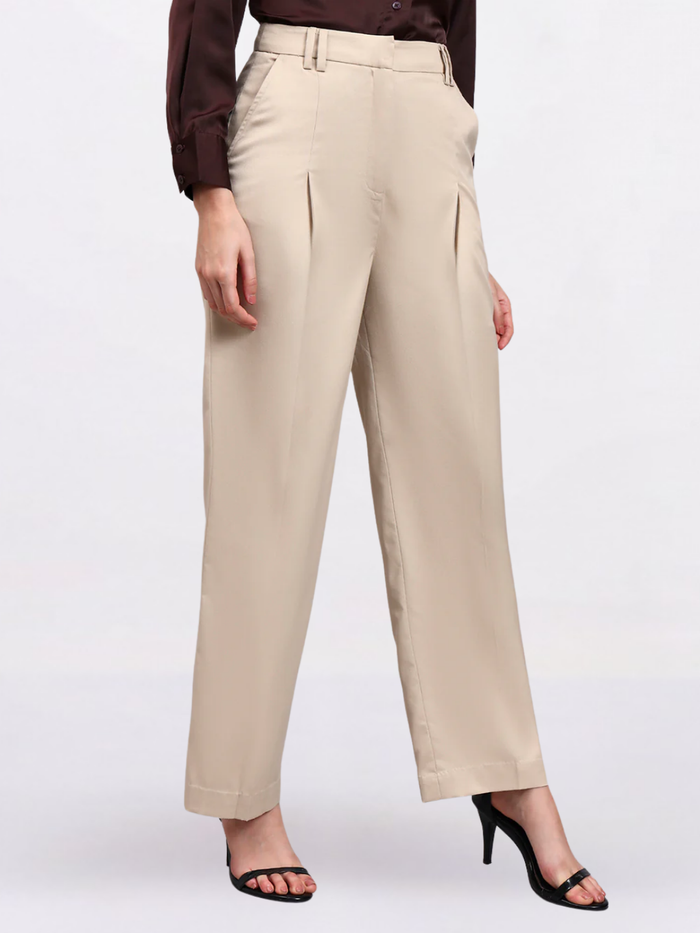 Women Light Beige High Waist Pleated Trouser