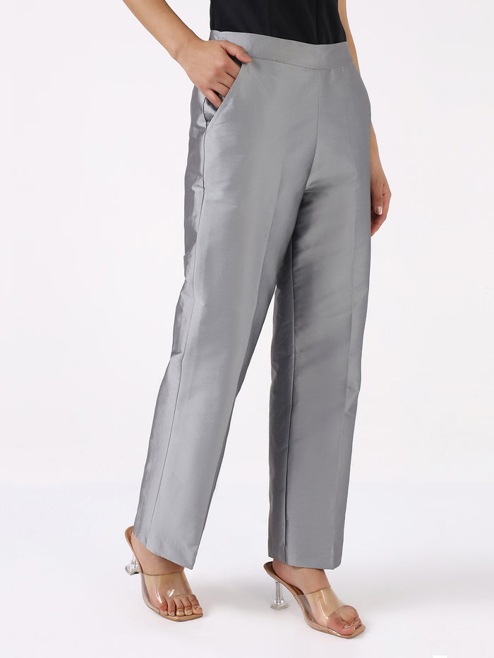 Women Light Grey Mid Rise Pleated Trouser