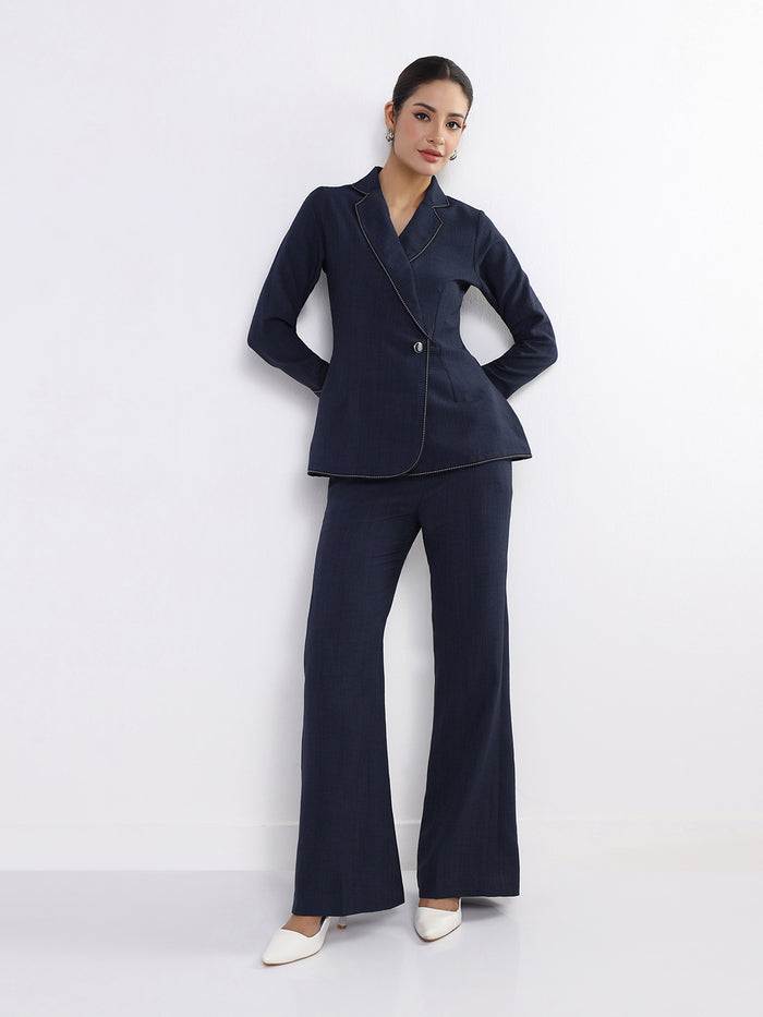 Women Navy Blue Blazer Style Co-Ord Set
