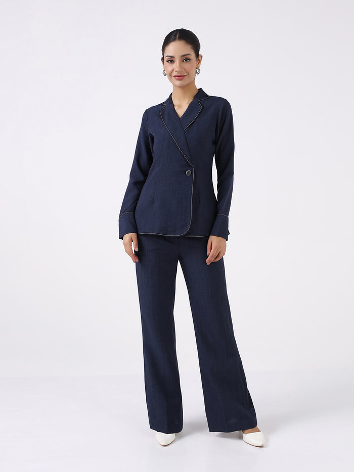 Women Navy Blue Blazer Style Co-Ord Set