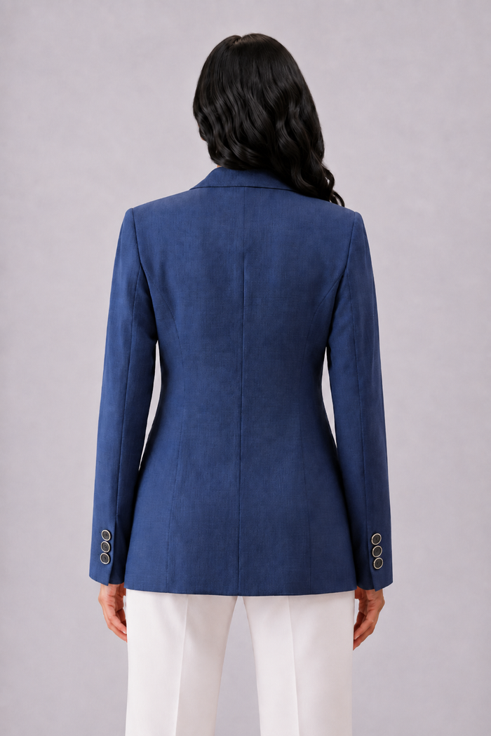 Women Navy Blue Checked Single Breasted Formal Blazer