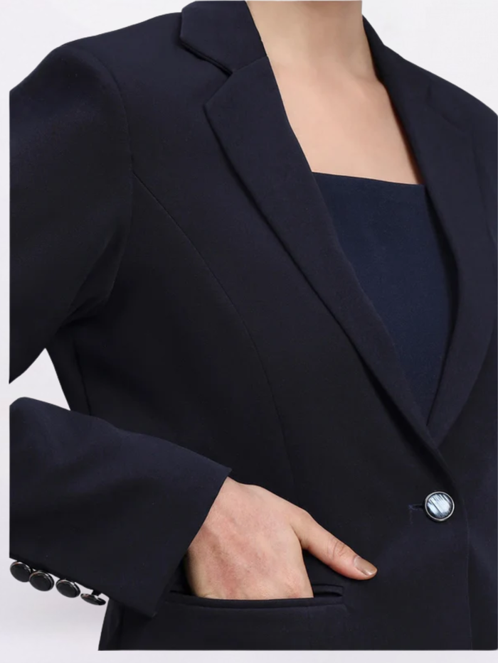 Women Navy Blue Notched Lapel Blazer