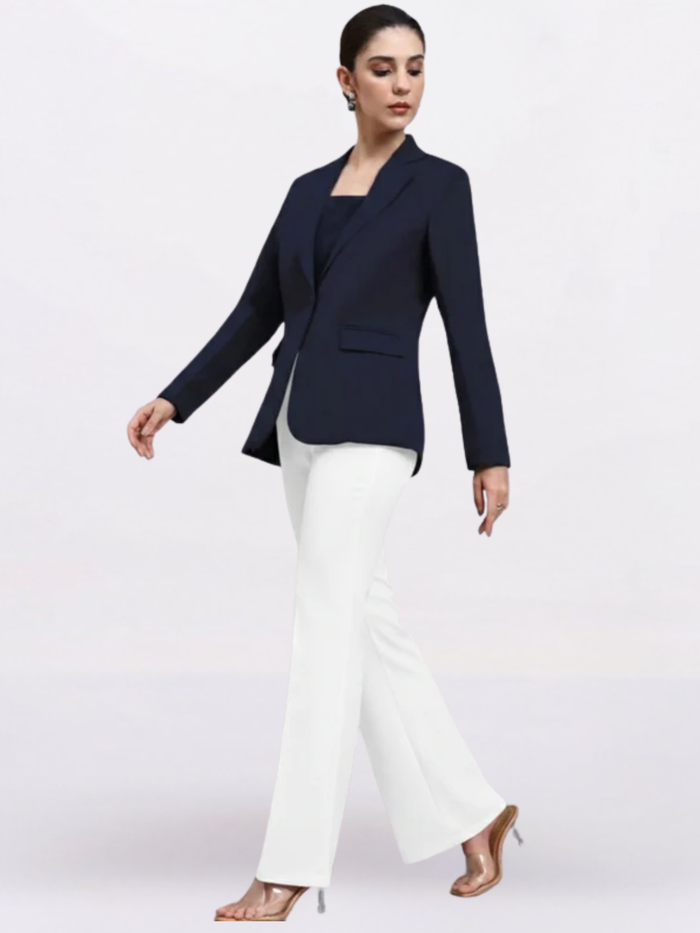 Women Navy Blue Notched Lapel Blazer