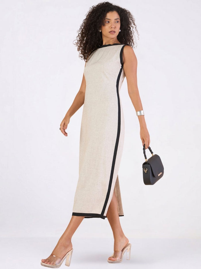 Women Off-White Boat Neck Sleeveless Maxi Dress