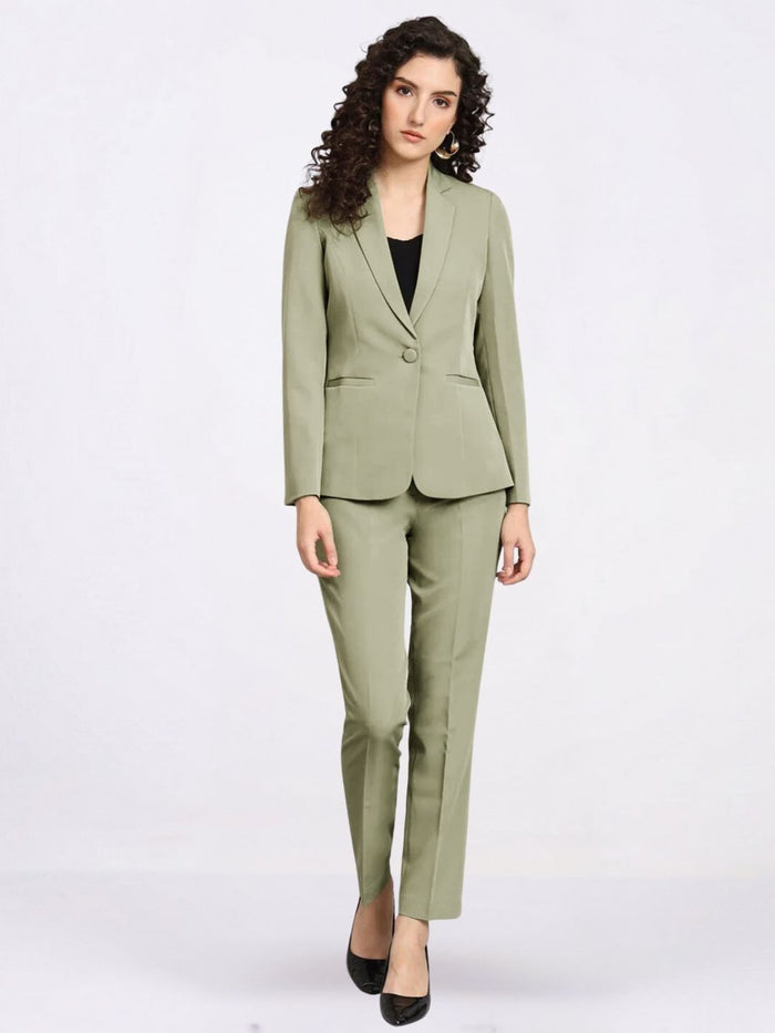 Women Olive Green Single-Breasted Formal Pantsuit