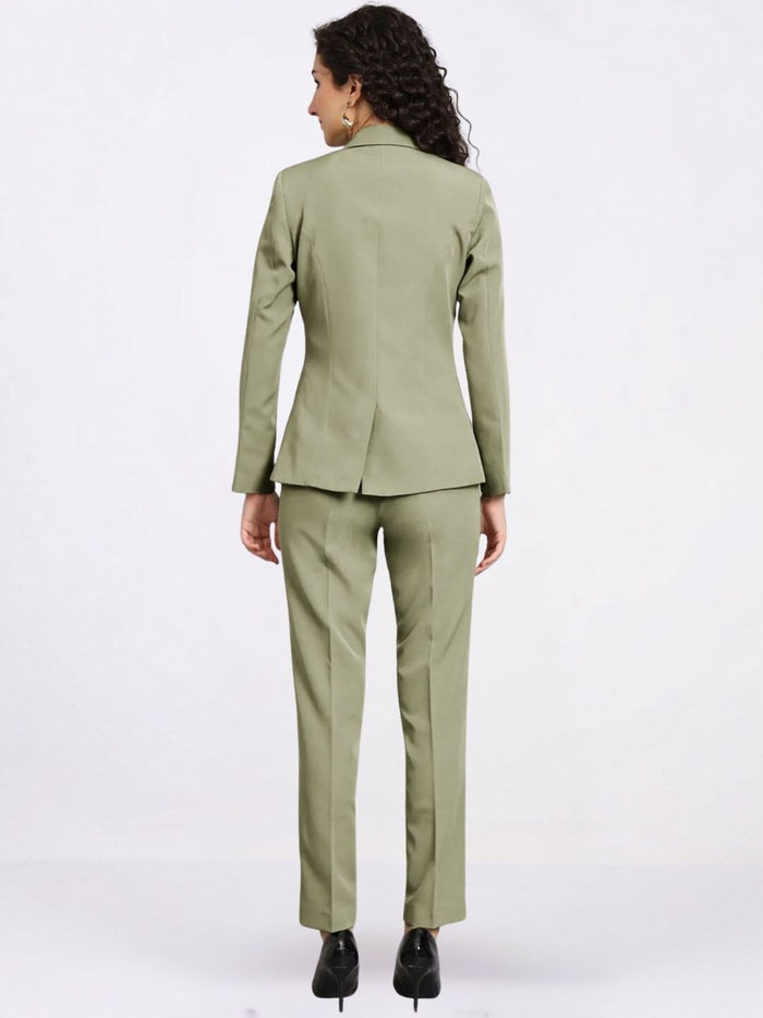 Women Olive Green Single-Breasted Formal Pantsuit