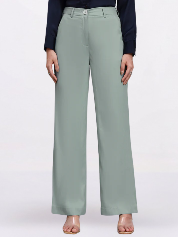 Women Sage Green Stretch Mid-Rise Trousers