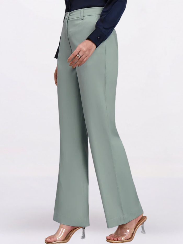 Women Sage Green Stretch Mid-Rise Trousers