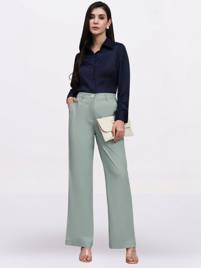 Women Sage Green Stretch Mid-Rise Trousers