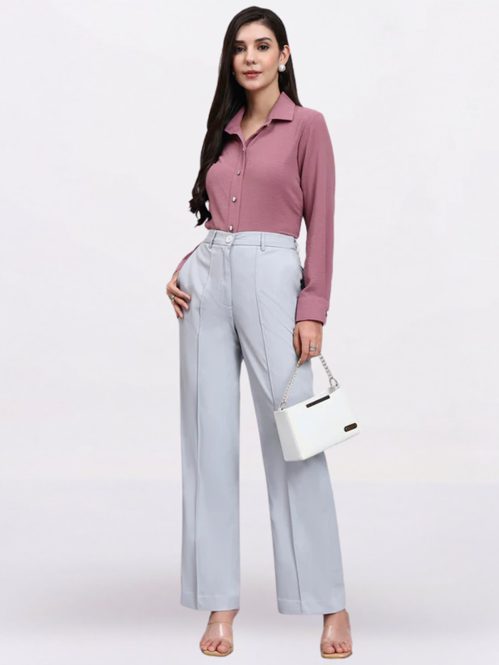 Women Silver Dust Grey Stretch Mid-Rise Trousers